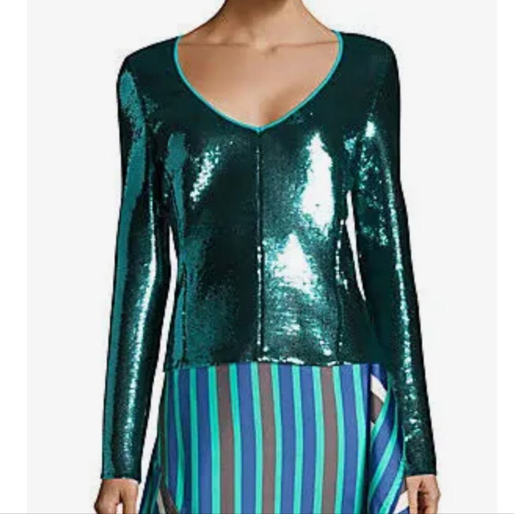 Diane Von Furstenberg Aquamarine Deep V Sequin Long Sleeve Top 6